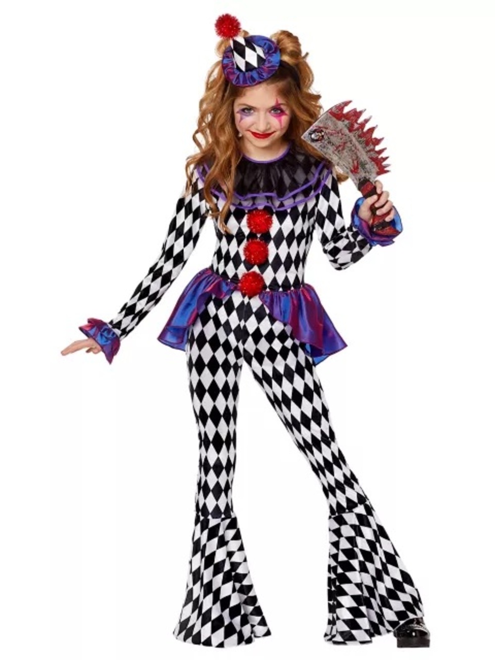 Spirit Black & White Harlequin Clown Costume with Purple Trim and Red Pom-Poms